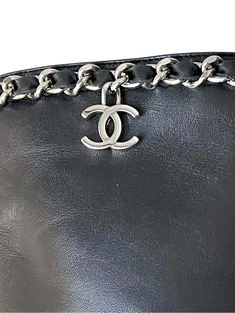 Chanel Black Leather Chain CC Charm Cap Toe Knee High Heeled Boots Size 41